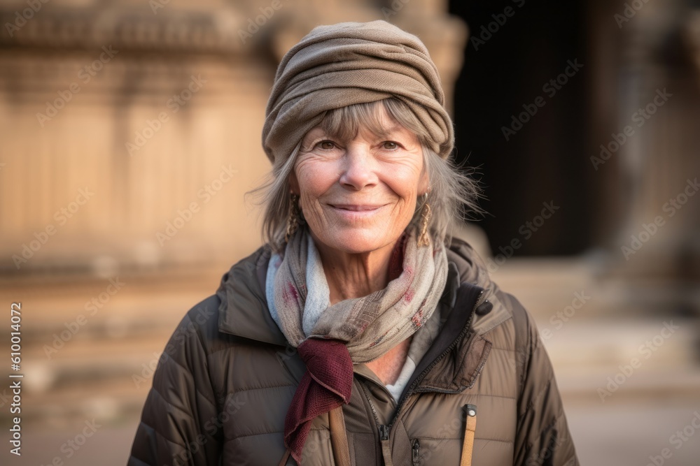 Portrait of a happy senior woman in a hat and scarf outdoors Portrait of a happy senior woman in a hat and scarf outdoors
