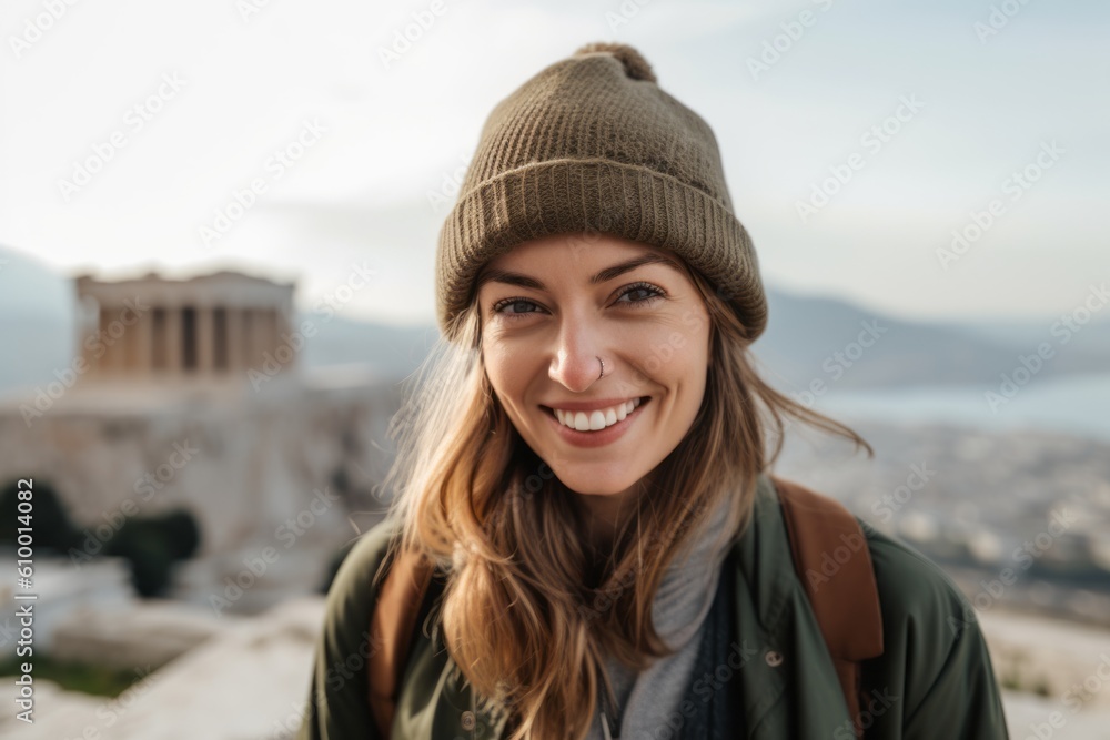 Image of a beautiful happy young woman tourist walking outdoors at the Acropolis. Image of a beautiful happy young woman tourist walking outdoors at the Acropolis.