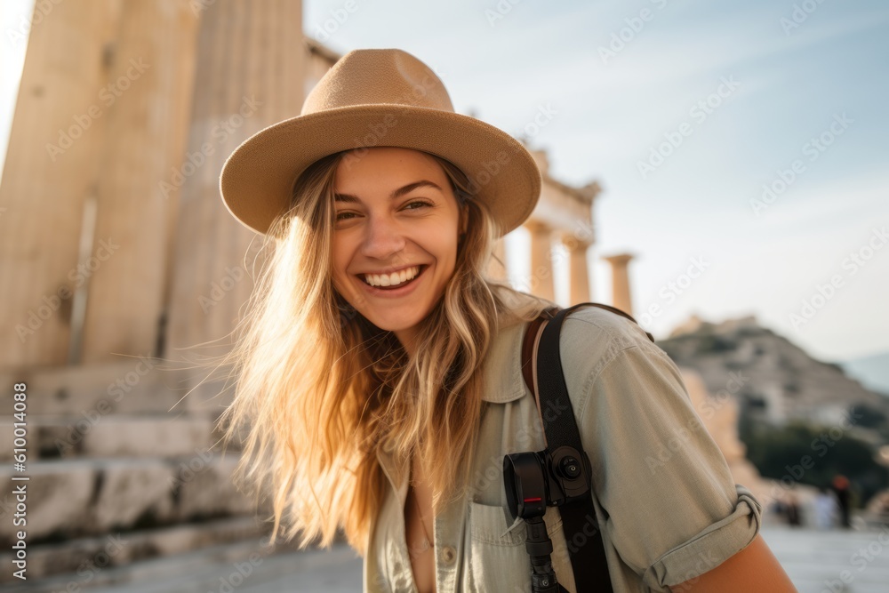 Portrait of a smiling young woman in hat with backpack looking at camera in the city