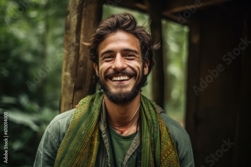 Medium shot portrait photography of a cheerful man in his 30s that is wearing a simple tunic at the Amazon Rainforest in Brazil . Generative AI