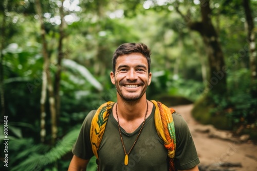 Handsome young man hiking in the tropical forest. Travel and adventure concept.