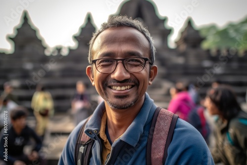 Medium shot portrait photography of a grinning man in his 40s that is smiling with friends at the Borobudur Temple in Magelang Indonesia . Generative AI © Leon Waltz