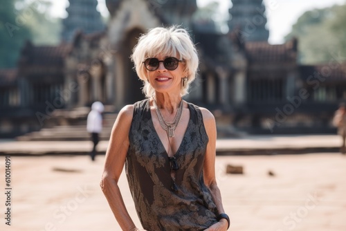 Portrait of a beautiful senior woman with short gray hair wearing sunglasses standing in front of the temple