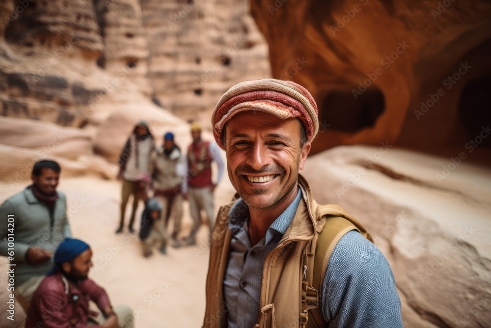 Portrait of a smiling man with friends in Petra, Jordan.