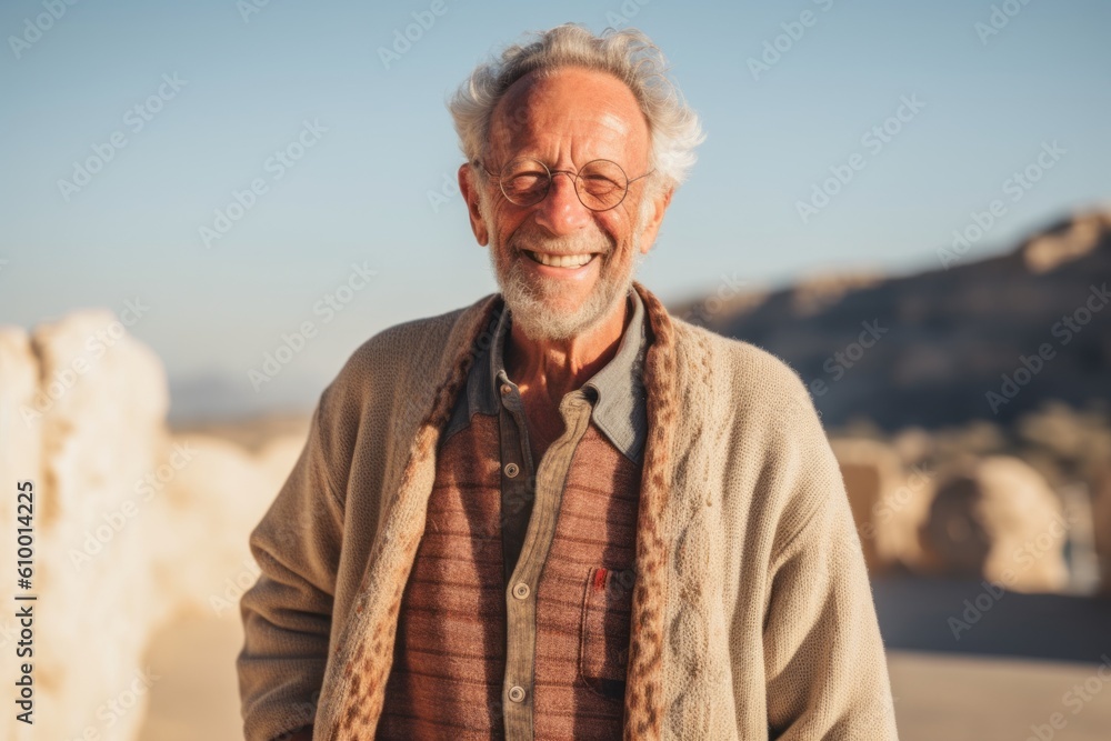 Portrait of smiling senior man standing in the middle of the desert Portrait of smiling senior man standing in the middle of the desert