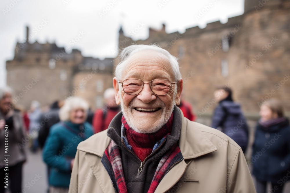 Portrait of a happy senior man with glasses in Edinburgh, Scotland