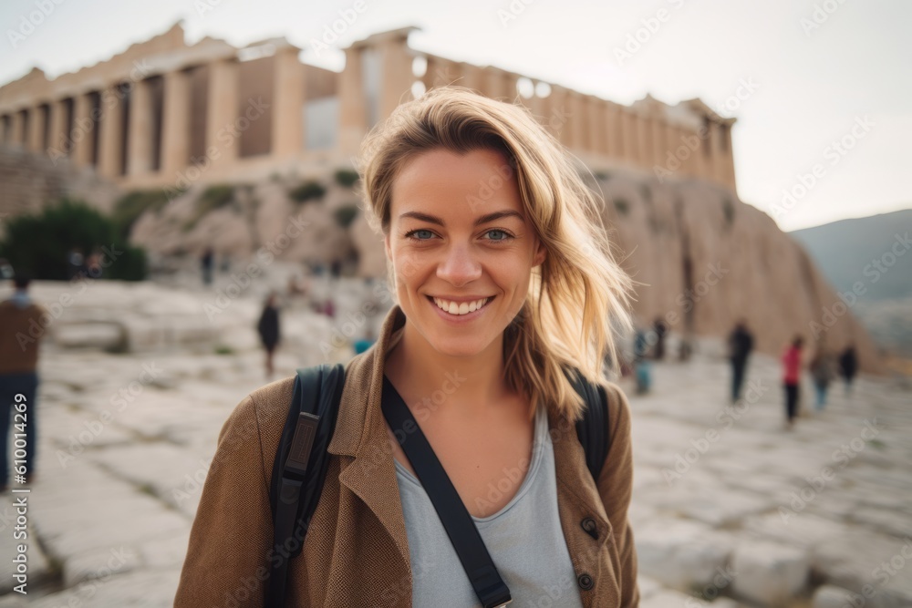 Portrait of a smiling young woman on the background of the Parthenon temple in Athens, Greece
