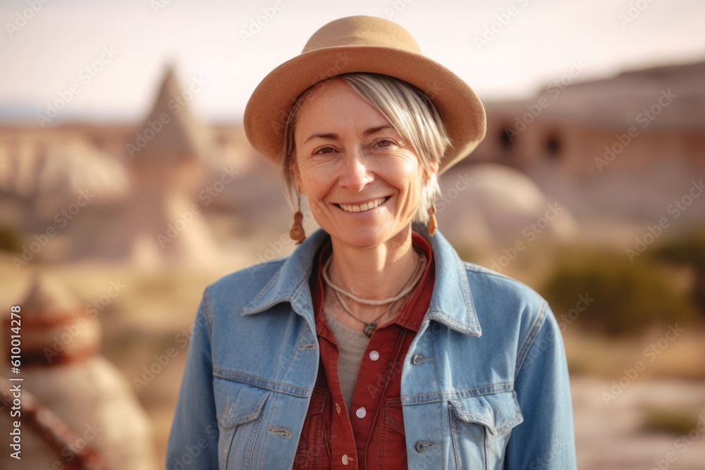 Medium shot portrait photography of a cheerful woman in her 50s that is wearing a denim jacket at the Cappadocia in Nevşehir Province Turkey . Generative AI