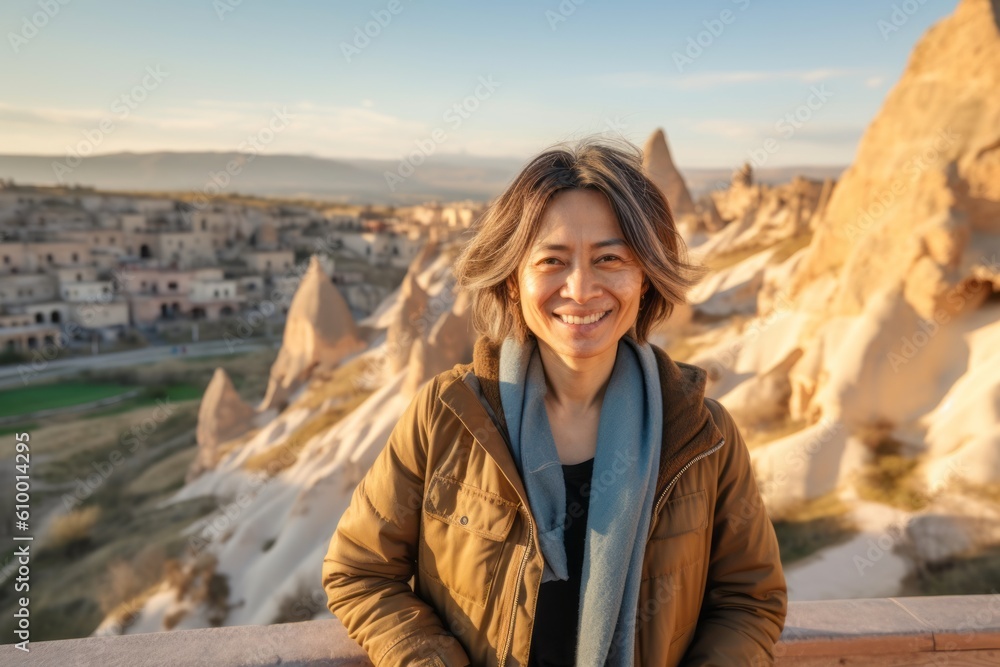 Happy woman tourist in Cappadocia, Turkey. Travel concept