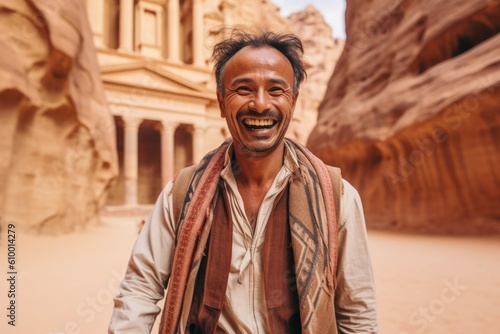 Medium shot portrait photography of a cheerful man in his 40s that is smiling with friends at the Petra in Maan Governorate Jordan . Generative AI