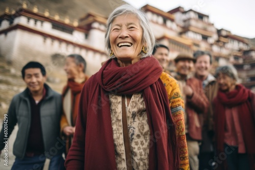 Senior woman walking with her family in the tibetan temple