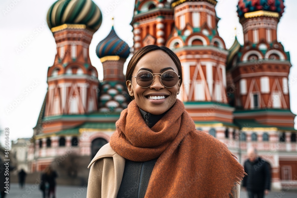 Naklejka premium Group portrait photography of a pleased woman in her 30s that is wearing a chic cardigan in front of the Saint Basil’s Cathedral in Moscow Russia . Generative AI