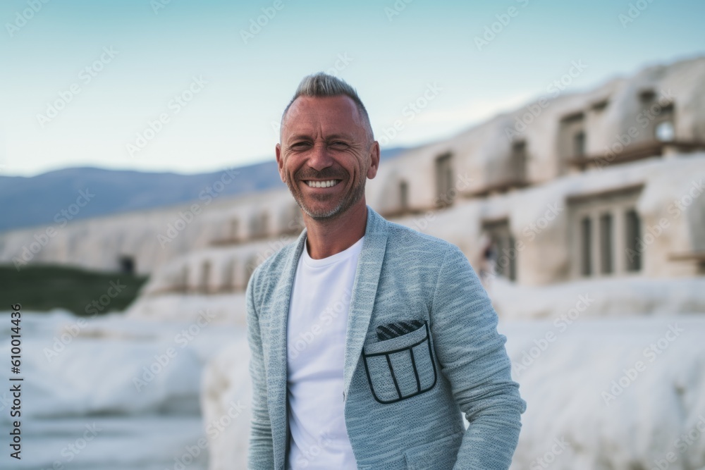 Portrait of happy man standing in front of sculptures in Pamukkale, Turkey Portrait of happy man standing in front of sculptures in Pamukkale, Turkey