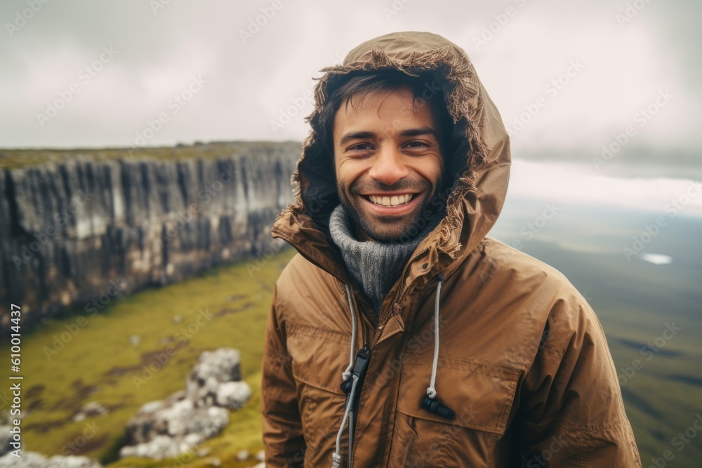 Young man with a beard in a jacket on a background of mountains Young man with a beard in a jacket on a background of mountains