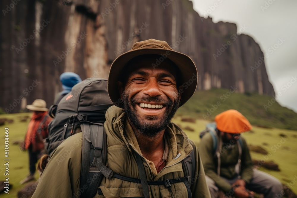 Fototapeta premium Portrait of a happy man in a hat with a backpack in the mountains