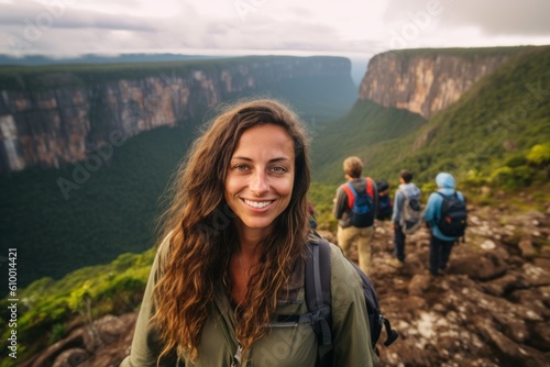 Happy woman hiker with backpack standing on top of a mountain and looking at camera