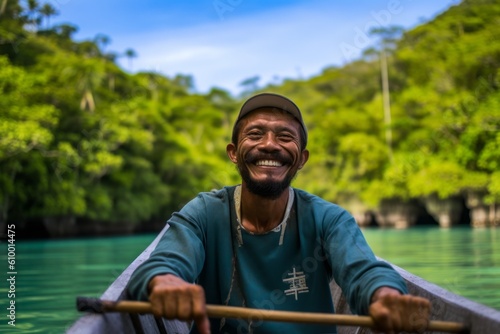 Portrait of smiling man rowing a canoe in a tropical lagoon