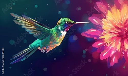  a colorful hummingbird flying next to a flower on a purple background with a pink flower in the foreground and a green and yellow flower in the background. generative ai