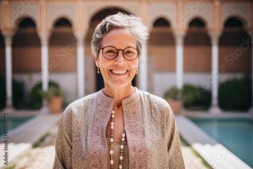 Portrait of smiling senior woman in eyeglasses standing near swimming pool