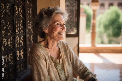 Portrait of a happy senior woman sitting at the terrace of her house