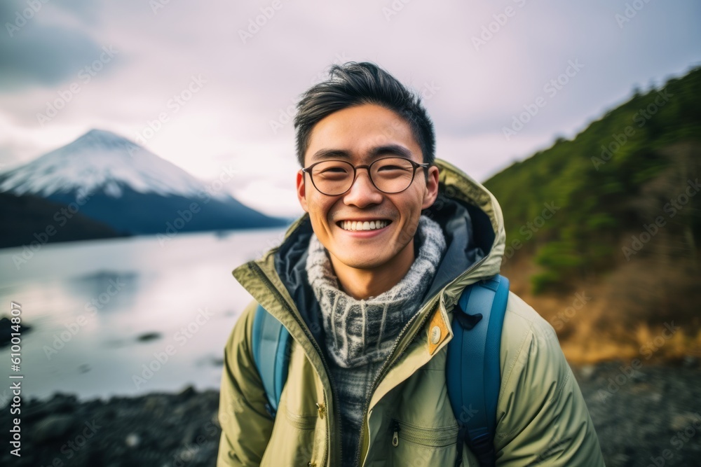 Handsome asian backpacker man looking at camera while standing on the lake and mountain background