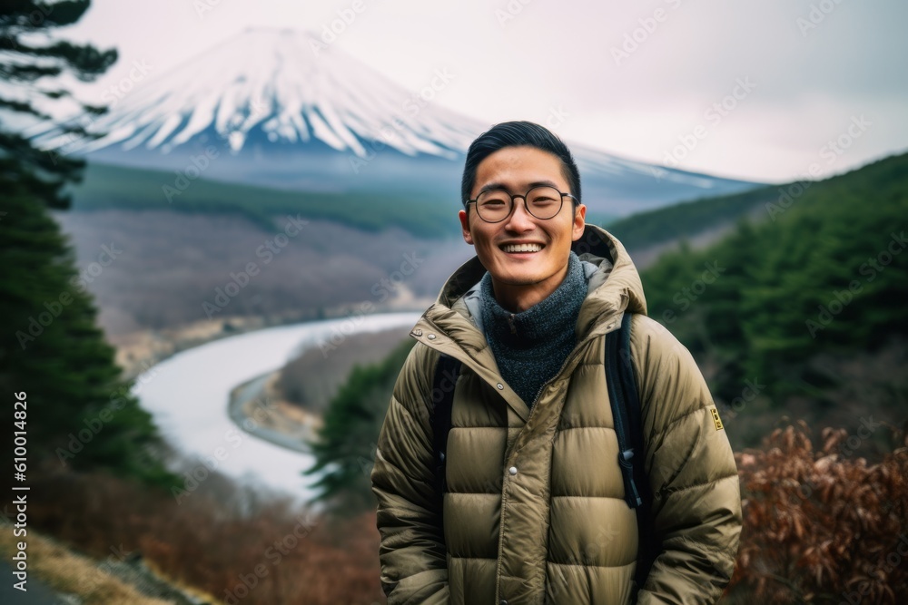 Happy asian man looking at camera and smiling while standing in front of Kawaguchiko lake, Japan