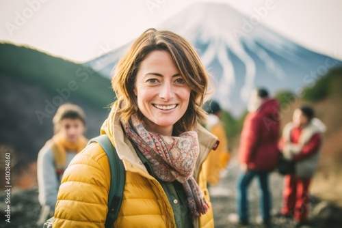 Lifestyle portrait photography of a satisfied woman in her 40s that is smiling with friends near the Mount Fuji in Honshu Island Japan . Generative AI