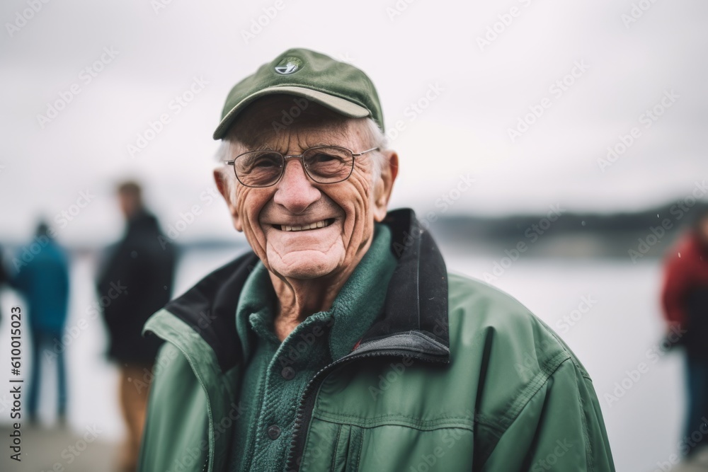 Portrait of an elderly man with glasses and a cap on the pier