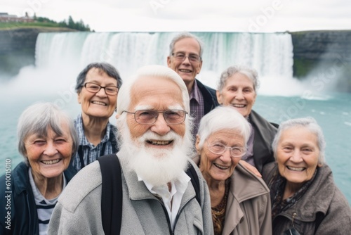 Portrait of happy senior friends standing in front of waterfall in Iceland