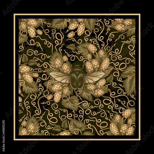 Exquisite Square Silk Scarf with Enchanting Hops and Flying Beetle Motifs Golden Symphony of Nature Refined luxury black and gold hues Unique and elegant seamless pattern design photo