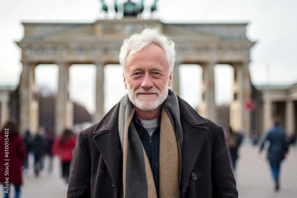 Group portrait photography of a serious man in his 50s that is wearing a chic cardigan in front of the Brandenburg Gate in Berlin Germany . Generative AI Group portrait photography of a serious man in his 50s that is wearing a chic cardigan in front of the Brandenburg Gate in Berlin Germany . Generative AI