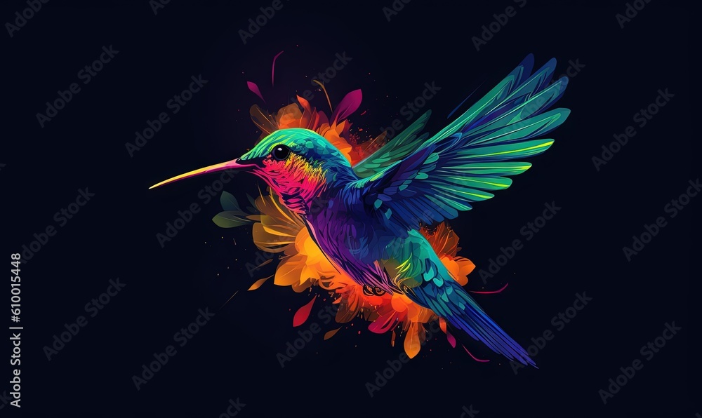 Obraz premium a colorful hummingbird flying through the air with its wings spread out and wings spread out, with a black background and a blue sky. generative ai