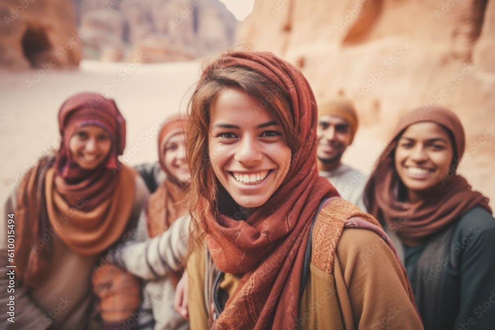 Portrait of a group of friends having fun in Petra, Jordan Portrait of a group of friends having fun in Petra, Jordan