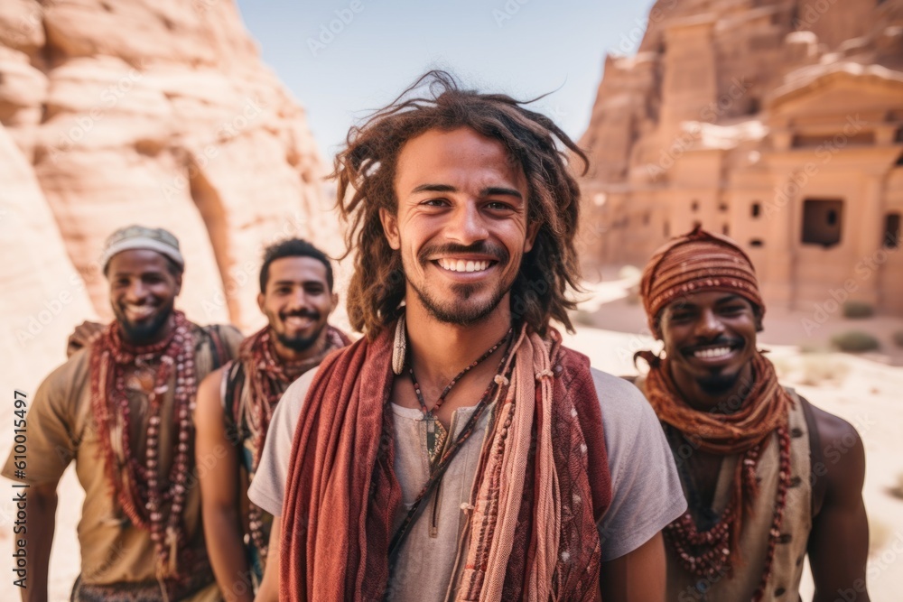 Portrait of a group of happy young people in the ancient city of Petra, Jordan