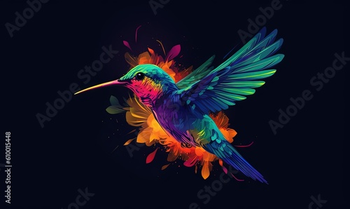  a colorful hummingbird flying through the air with its wings spread out and wings spread out, with a black background and a blue sky.  generative ai © Olga