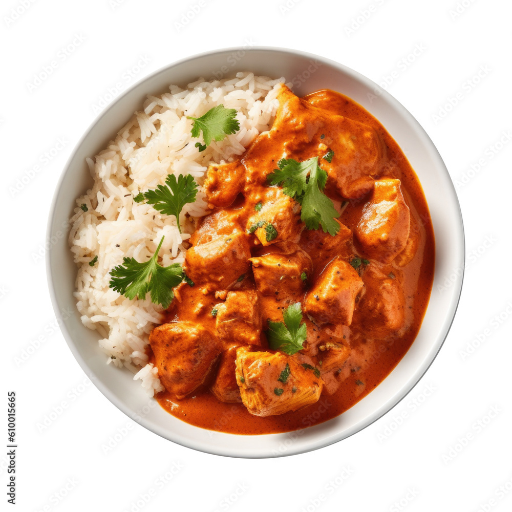 Delicious Plate of Butter Chicken and Rice on a Transparent Background. Generative AI Delicious Plate of Butter Chicken and Rice on a Transparent Background. Generative AI