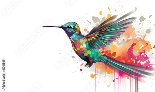  a colorful hummingbird flying with splashes of paint on it's wings and wings, with a splash of paint on its wings. generative ai