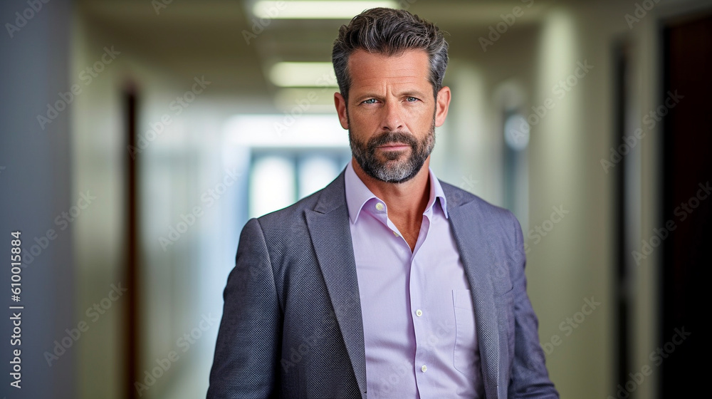 Fototapeta premium Portrait of a handsome business man in his 40s or 50s. The male is dressed in stylish clothes with short hair. CEO, lawyer, and real estate agent. Generative AI