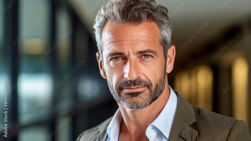 Portrait of a handsome business man in his 40s or 50s. The male is dressed in stylish clothes with short hair. CEO, lawyer, and real estate agent. Generative AI Portrait of a handsome business man in his 40s or 50s. The male is dressed in stylish clothes with short hair. CEO, lawyer, and real estate agent. Generative AI