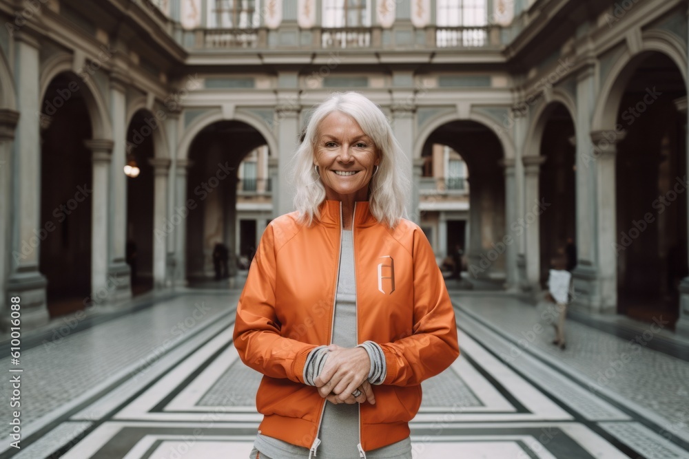 Smiling senior woman in orange jacket standing with arms crossed in gallery