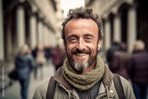 Portrait of a smiling middle-aged man in the city.