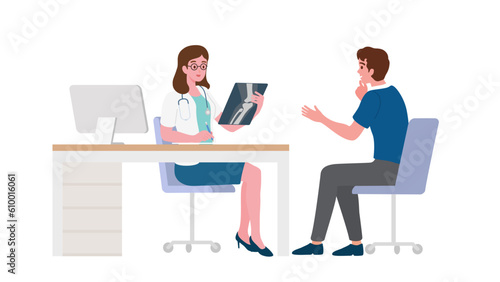 Female orthopedic doctor in white medical uniform talk discuss results or disease symptoms with patient. Medicine and hospital concept of consultation and diagnosis. Flat vector illustration.