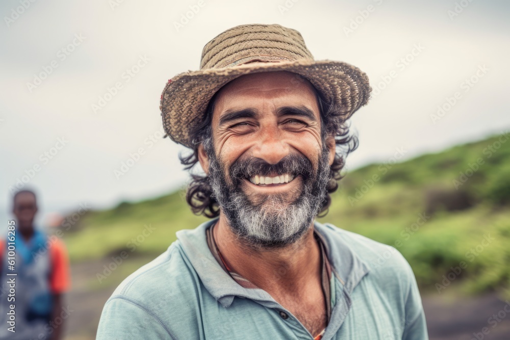 Portrait of smiling senior man with hat standing in the countryside on a sunny day