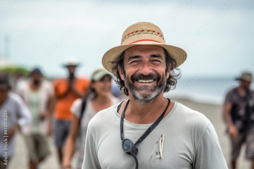 Portrait of a smiling man at the beach with tourists in the background