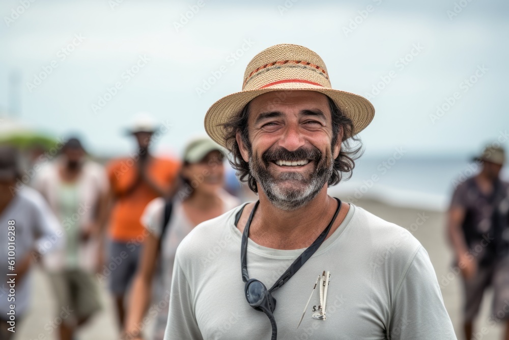 Portrait of a smiling man at the beach with tourists in the background Portrait of a smiling man at the beach with tourists in the background