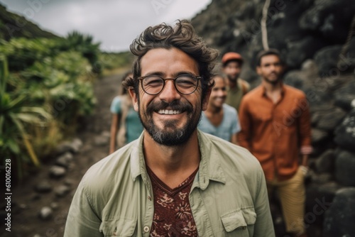 Lifestyle portrait photography of a pleased man in his 30s that is smiling with friends at the Galápagos Islands Ecuador . Generative AI