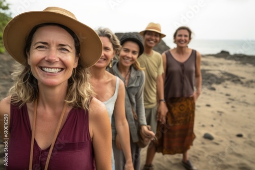 Portrait of smiling woman with friends standing on beach during summer vacation