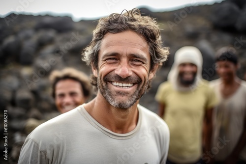 Lifestyle portrait photography of a pleased man in his 40s that is smiling with friends at the Galápagos Islands Ecuador . Generative AI