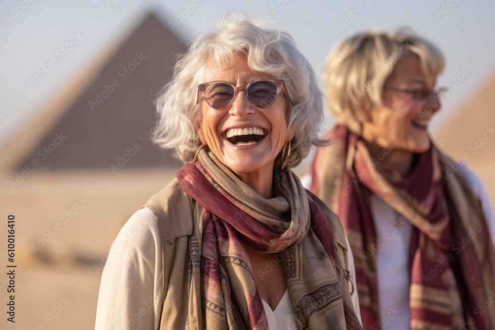Lifestyle portrait photography of a pleased woman in her 50s that is smiling with friends at the Pyramids of Giza Egypt . Generative AI Lifestyle portrait photography of a pleased woman in her 50s that is smiling with friends at the Pyramids of Giza Egypt . Generative AI