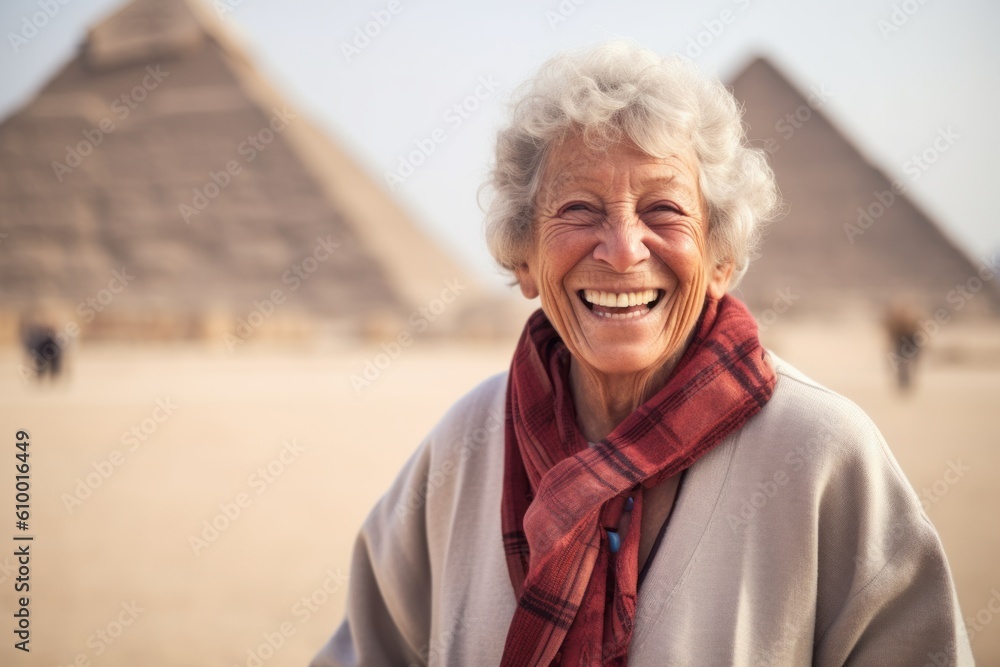 Portrait of smiling senior woman with great pyramids in the background Portrait of smiling senior woman with great pyramids in the background